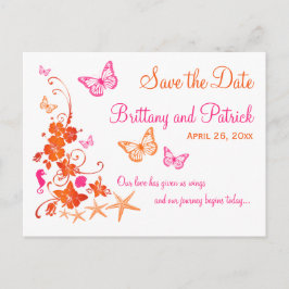 Postal de anuncio de fecha de playa tropical rosa