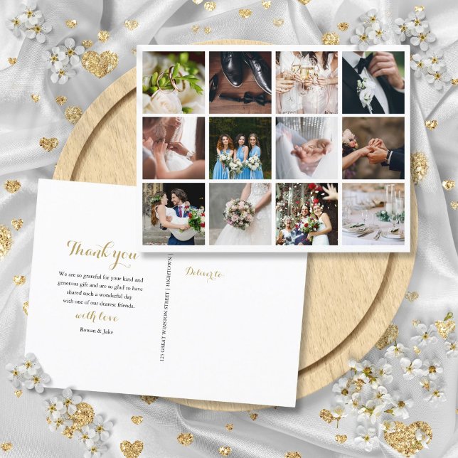 Postal De Anuncios 12 Collage de Fotos Agradecimiento de Boda (12 Photo Collage Wedding Thank You Announcement Postcard)