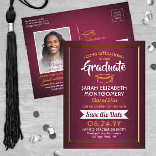 Postal De Anuncios 1 Foto Maroon Red & Gold Graduation Save the Date