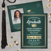 1 Photo Green Gold White Graduation Save the Date