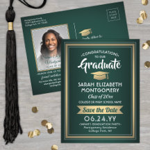 1 Photo Green Gold White Graduation Save the Date