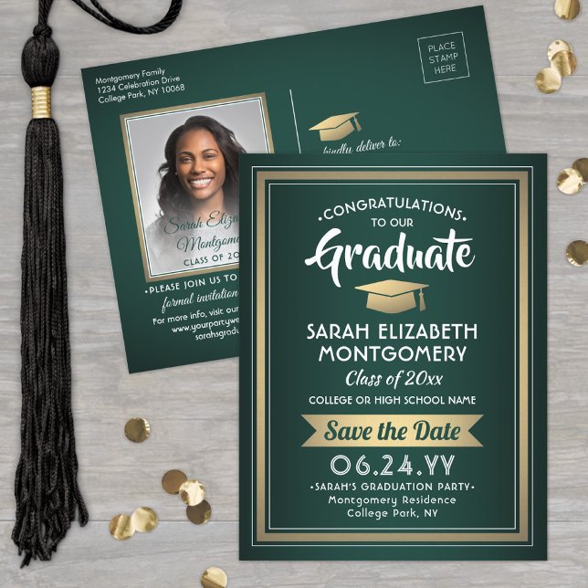 Postal De Anuncios 1 Photo Green Gold White Graduation Save the Date (Subido por el creador)