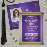 Postal De Anuncios 1 Photo Purple Gold White Graduation Save the Date<br><div class="desc">Share the joyful news of an upcoming graduation party as well as one favorite photo with these modern purple, gold and white save the date invitation postcards. All text is simple to customize. (IMAGE PLACEMENT TIP: An easy way to center a photo exactly how you want is to crop it...</div>