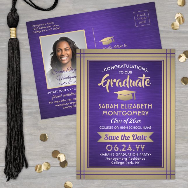 Postal De Anuncios 1 Photo Purple Gold White Graduation Save the Date (Subido por el creador)