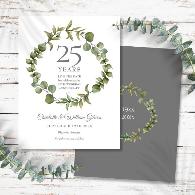 Postal De Anuncios 25º aniversario de bodas - Guardar la fecha - Vege (25th Silver Anniversary Save the Date Greenery Announcement Postcard)