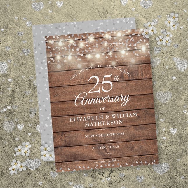 Postal De Anuncios 25° Aniversario de las luces de cadena Madera Guar (25th Anniversary String Lights Wood Save the Date Announcement Postcard)