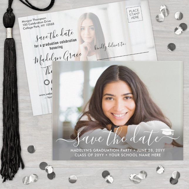 Postal De Anuncios 2 Photo Graduation Modern Script Save the Date (Subido por el creador)