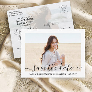 Postal De Anuncios 2 Photo Quinceanera Elegant Script Guardar la fech