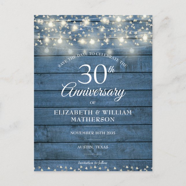 Postal De Anuncios 30 Aniversario Luces de cuerda de madera Guardar l (Anverso)