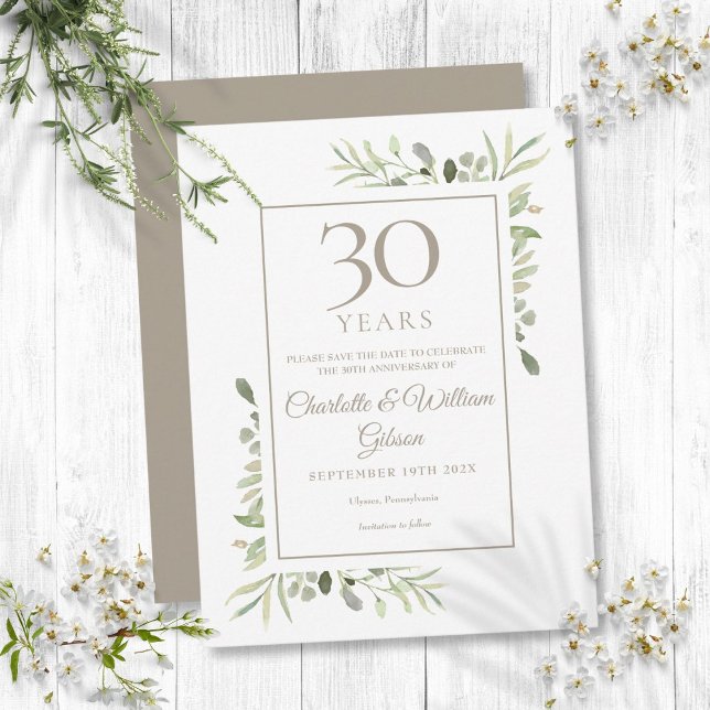 Postal De Anuncios 30° aniversario Salvemos la fecha de la vegetación (30th Anniversary Save the Date Watercolor Greenery Announcement Postcard)