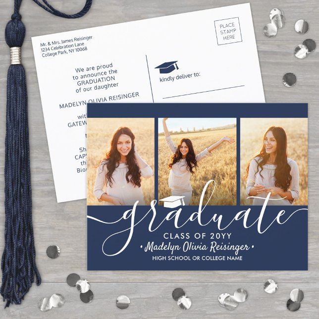 Postal De Anuncios 3 Collage de fotos Sencilla Marina Azul Graduación (Subido por el creador)