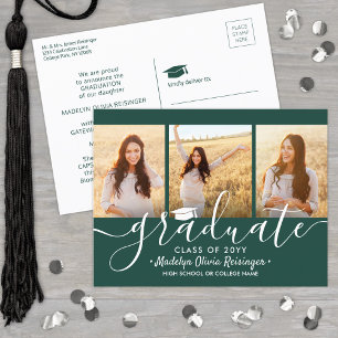 Postal De Anuncios 3 Collage de Fotos Simple Graduación Verde Oscuro