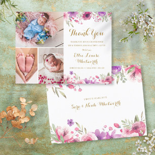 Postal De Anuncios 3 Foto Agradecimiento Bebé Nace Escritura Floral