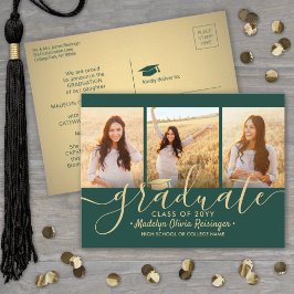 Postal De Anuncios 3 Graduación verde y de oro en guión de Collage de