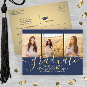 Postal De Anuncios 3 Guión de Collage de Fotos Graduación Azul Marino