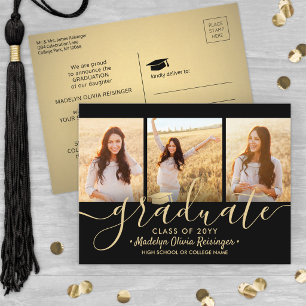 Postal De Anuncios 3 Guión de Collage de Fotos Graduación Negro y Dor