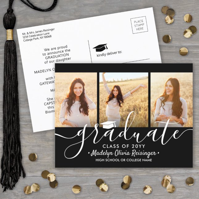 Postal De Anuncios 3 Photo Collage Simple Black and White Graduation (Subido por el creador)