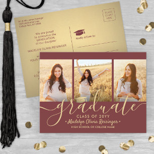 Postal De Anuncios 3 Script de Collage de Fotos Graduación Burgundy y