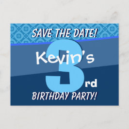 Postal De Anuncios 3er Cumpleaños para Niño Guardar la Fecha Azul V07