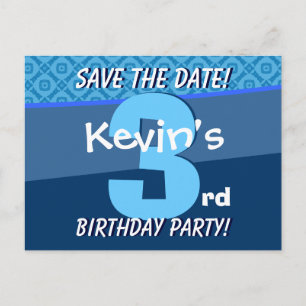 Postal De Anuncios 3er Cumpleaños para Niño Guardar la Fecha Azul V07