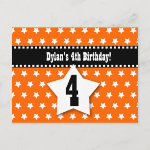 Postal De Anuncios 4.º cumpleaños Guardar la fecha D001 NARANJA STARS