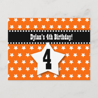 Postal De Anuncios 4.º cumpleaños Guardar la fecha D001 NARANJA STARS