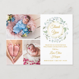 Postal De Anuncios 4 Fotos Verde Floral Oro Gracias Bebé Nacimiento