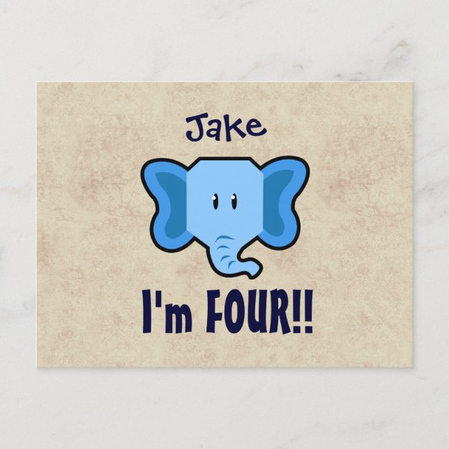 Postal De Anuncios 4to Cara azul linda del elefante del cumpleaños (Anverso)
