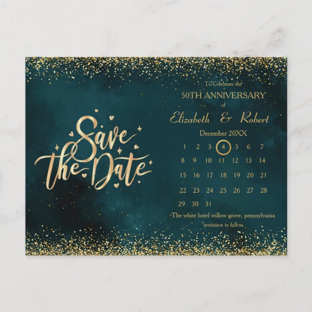 Postal De Anuncios 50° Aniversario Boda Verde El calendario de fechas (Anverso)