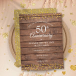 Postal De Anuncios 50° Aniversario de los corazones dorados Madera sa<br><div class="desc">Con delicados corazones dorados confitados en un ambiente rústico de madera. Personalice con su especial aniversario de oro de cincuenta años,  guarde la información de fecha en letras de moda. Diseñado por Thisisnotme©</div>