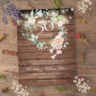 Postal De Anuncios 50 Aniversario Guardar la Fecha Rústico Floral