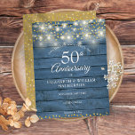 Postal De Anuncios 50 Aniversario Luces de cuerda de madera Guardar l<br><div class="desc">Con luces de cuerdas de bonito y delicados corazones dorados se confetti en un fondo azul rústico de madera. Personalice con su especial aniversario de oro de cincuenta años,  guarde la información de fecha en letras de moda. Diseñado por Thisisnotme©</div>