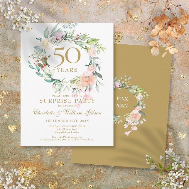 Postal De Anuncios 50° Aniversario Sorpresa Fiesta Rosas Garland (50th Anniversary Surprise Party Roses Garland Announcement Postcard)