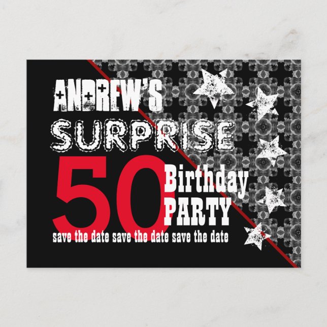 Postal De Anuncios 50 Cumpleaños Sorpresa Guarde la Fecha Diagonal W7 (Anverso)