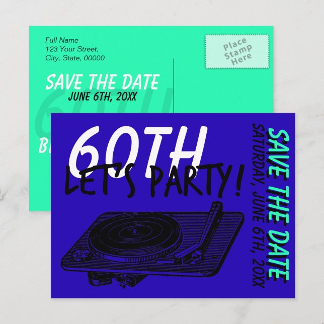 Postal De Anuncios 60.ª fiesta de cumpleaños 60 Blue Save the date (Anverso / Reverso)