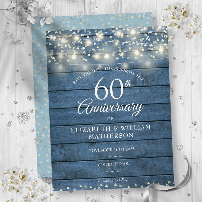 Postal De Anuncios 60 Aniversario Luces de cuerda de madera Guardar l (60th Anniversary Wood String Lights Save the Date Announcement Postcard)