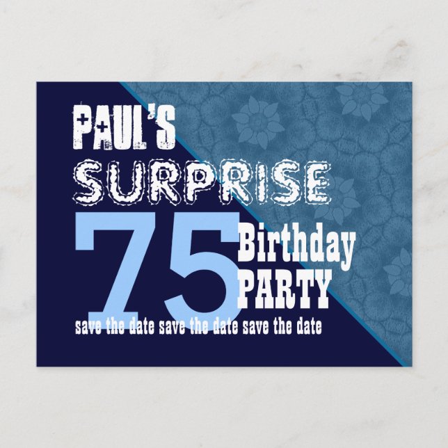 Postal De Anuncios 75º Cumpleaños Sorpresa Guarde la Fecha Diagonal V (Anverso)