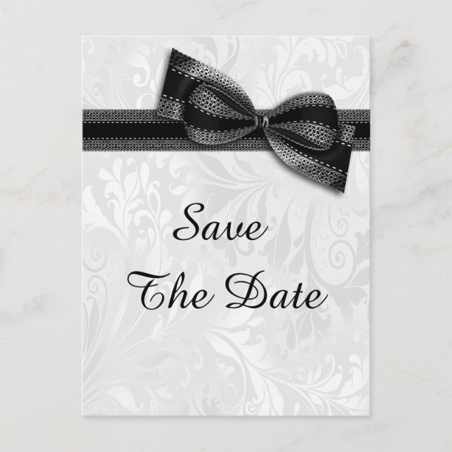 Postal De Anuncios 80.º cumpleaños Damask y Faux Bow Save The Date (Anverso)
