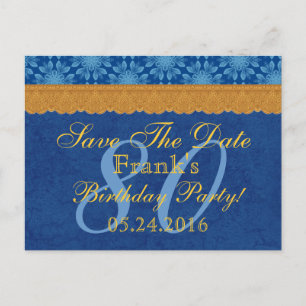 Postal De Anuncios 80.º cumpleaños Salvar la fecha azul y oro encaje