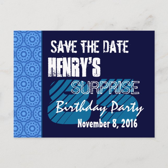 Postal De Anuncios 85º Cumpleaños Sorpresa Save the Date Patrón Azul (Anverso)