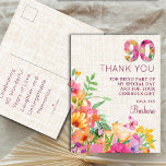 Postal De Anuncios 90 Years Flowers Linen 90th Birthday Gracias<br><div class="desc">90 Years Flowers Linen 90th Birthday Gracias Invitación Postcard. Gracias a los invitados con esta floral floral 90 cumpleaños gracias postal. Con sus audaces flores "90",  flores y mariposas,  es una manera encantadora de expresar gratitud. El texto del personalizable le da un toque personal a su celebración. ¡Disfrútalo!</div>