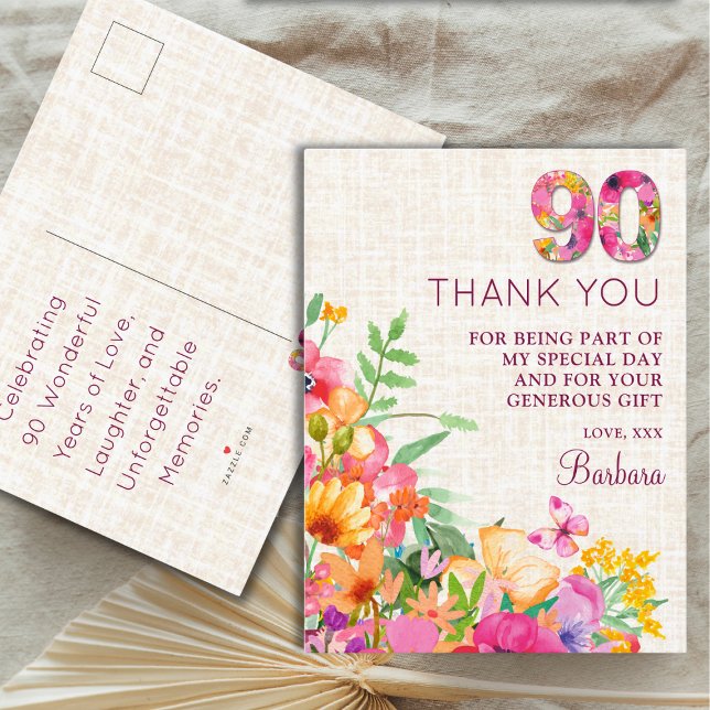 Postal De Anuncios 90 Years Flowers Linen 90th Birthday Gracias (Subido por el creador)