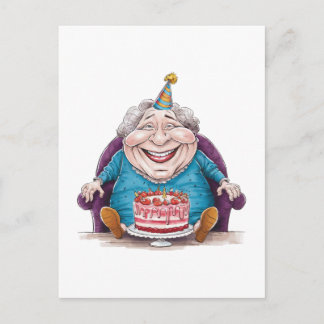 Postal De Anuncios Abuela Divertida Tarta Enorme y Regalo en Efectivo