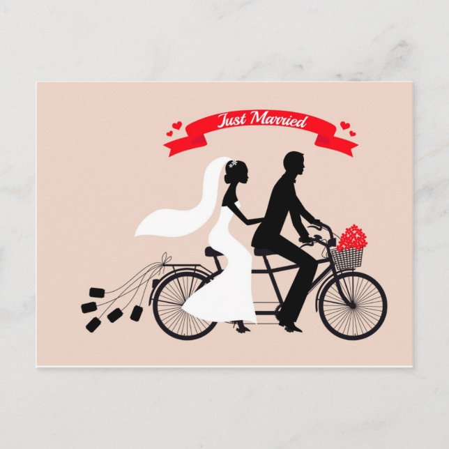 Postal De Anuncios Acabo de casar, novia y novio en bicicleta boda (Anverso)