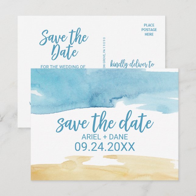 Postal De Anuncios Acuarela Arena y Mar Guardar la Fecha (Anverso / Reverso)