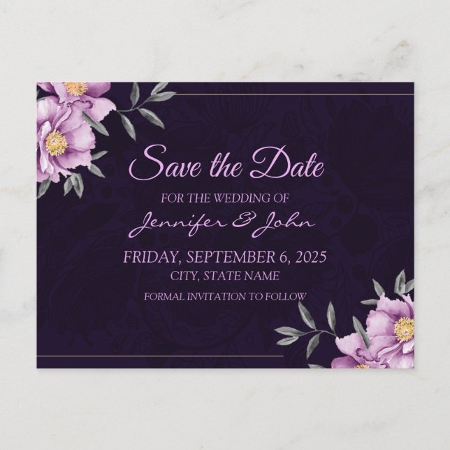 Postal De Anuncios Acuarela Boda de peones púrpura salva la fecha (Anverso)