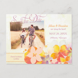 Postal De Anuncios Acuarela de Flores Boda Foto Guardar la Fecha