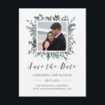 Postal De Anuncios Acuarela de hojas | Salva la fecha con foto<br><div class="desc">Esta moderna tarjeta postal de guardar la fecha de boda botánica presenta un marco central con tu foto y hojas de acuarela en tonos de verde,  azul y gris de moda para un estilo que es minimalista y rústico.</div>