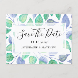 Postal De Anuncios Acuarela Dusty Blue Leaves Wedding Guardar La Fech