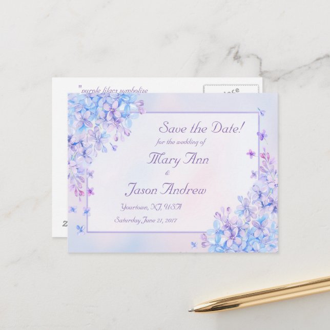 Postal De Anuncios Acuarela Flor de Lila Púrpura Azul Salvar la Fecha (Anverso/Reverso In Situ)